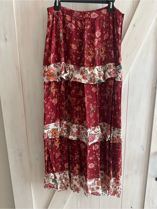FARM Rio Dresses & Skirts - FARM Rio Burgundy Floral Tiered Maxi Skirt with Cream Floral Bands